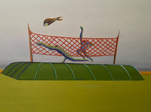 abstract badminton landscape painting: red net, green figures, green foreground, white background. Original Surreal  Art by Josiah Bolth.  New Orleans artwork, Small Painting on Canvas. 2021.