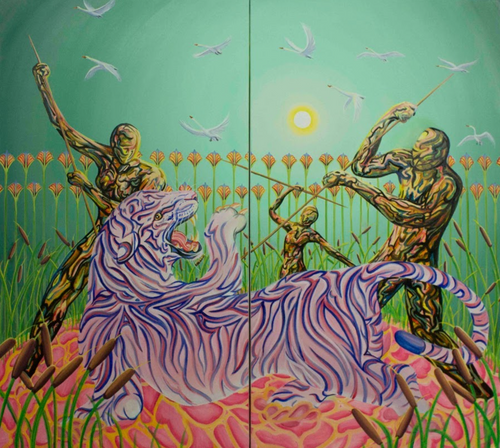 A flock of white geese or wedge of swan fly against a green sky while the tiny hot dot of the yellow sun illuminates a scene of three green and yellow figures dripping in camouflage attacking a bright purple tiger with spears.