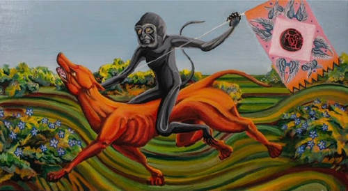 Against a blue-grey sky, a black and grey monkey flying an orange flag rides a skinny orange dog through a swirling green field.