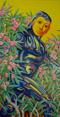 Against a yellow corner of sky, the blue body and yellow face of a yeti makes intense eye contact as it emerges from the green leaved and pink flowered brush.