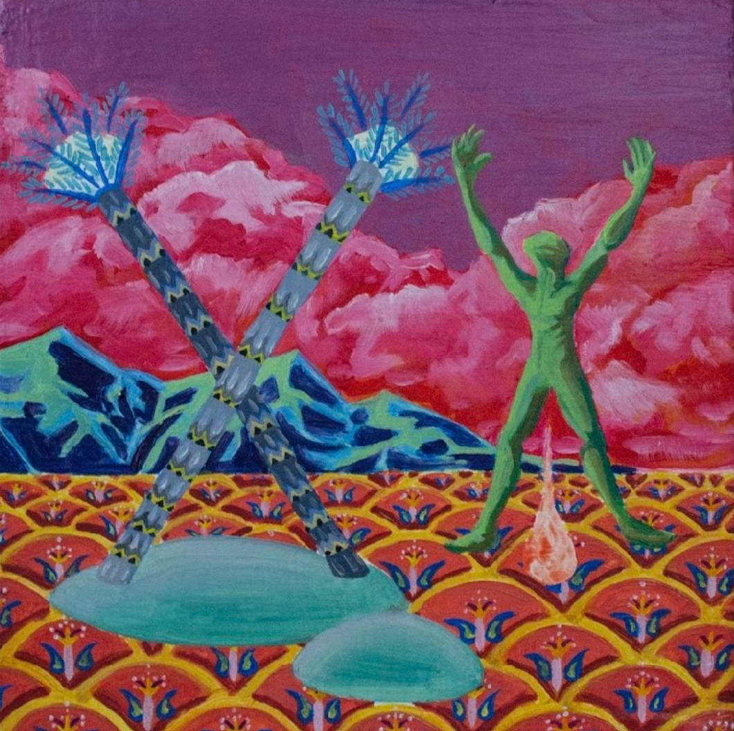 Original surrealist exalting figures painting by Josiah Both.Green figure reaching up, feather blue cross. Colorful mountain landscape with magenta background. New Orleans artwork, Small oil painting on canvas.