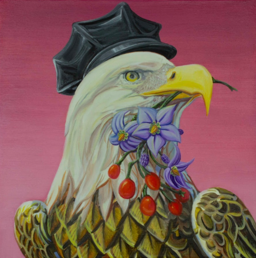 Original western art by Josiah Bolth. A majestic bald eagle, with black hat, holding purple flowers and cherry tomatoes  in its beak. Pink gradient background. Black, white, and yellow in the foreground. New Orleans small oil painting on canvas.