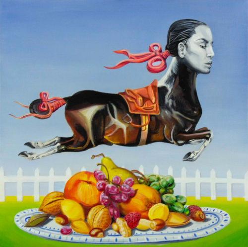 Original surrealist art by Josiah Bolth. Horse with a woman's face jumps over a large plate of fruit. Blue gradient background. Dark objects over bright colors . Emerald foreground. Small Oil painting on canvas.