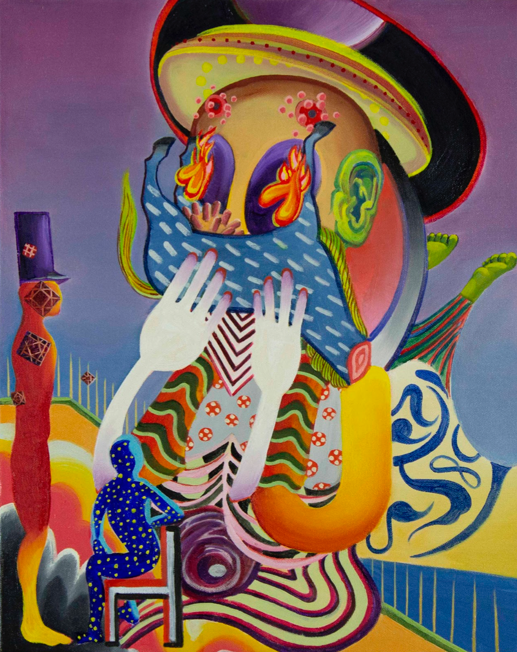 Surrealist colorful figures. Purple gradient background. Multi-colored foreground.