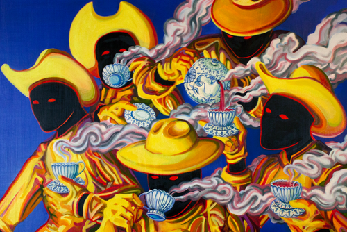 Original Psychadelic Western art by Josiah Bolth. Several faceless cowboys dressed in lemon and crimson clothing. Royal Blue background, dark-faced figures pouring red tea and billowing pink steam. New Orleans artwork, oil painting on canvas.