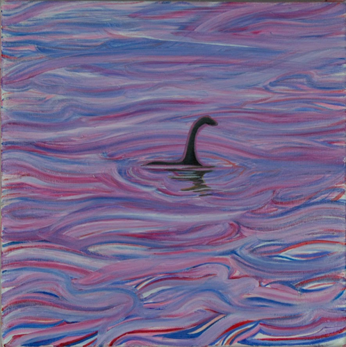 Abstract aquatic figure evoking the Loch Ness Monster. Purple, pink, and blue-lined waves enveloping a dark figure in the center.