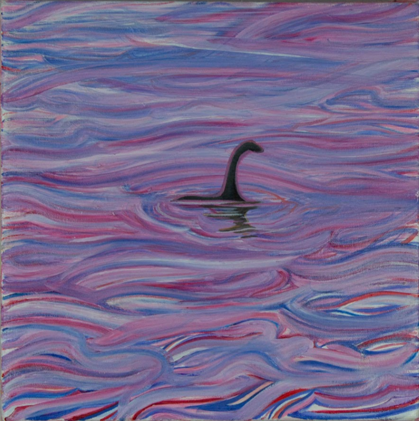 Abstract aquatic figure evoking the Loch Ness Monster. Purple, pink, and blue-lined waves enveloping a dark figure in the center.