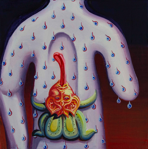 abstract figure with upside down face attached to the lower body. Dark gradient black to blood-red background. Purple-pink figure with baby-blue spots and orange-red face/tongue over green tentacles in the foreground.