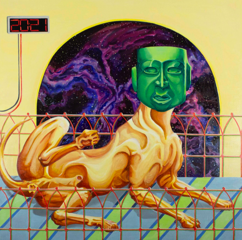 Golden dog with mask of a green man. Yellow background with arched opening to a purple, black and blue outer-space.