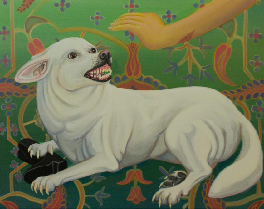 Small white dog with boot, snarls at oncoming hand. Green background decorated with an orange and muted blue floral pattern.