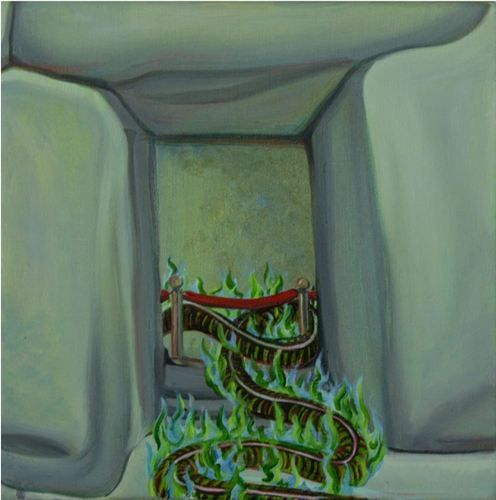 A green snake in flames, slithers past a red rope in an opening in a stone wall