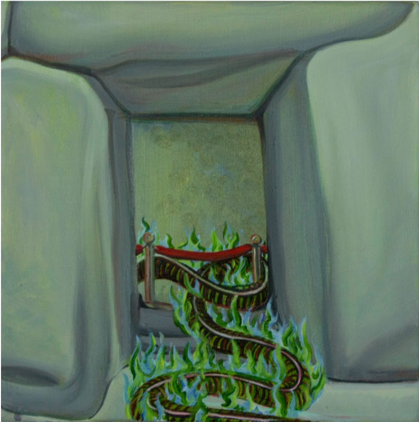 A green snake in flames, slithers past a red rope in an opening in a stone wall