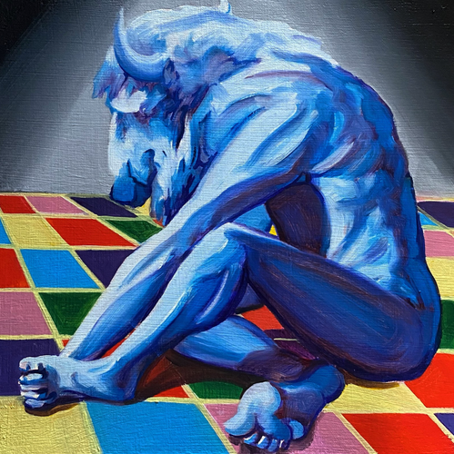 Prominent blue minotaur on colorful checkered floor. Spread of white light obscuring a dark background to the upper edges.