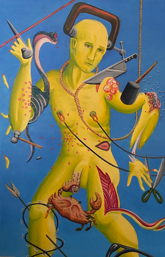 A yellow man is bombarded by many different tortures. Blue background. Prominent yellow figure with moments of redish-brown in the foreground.