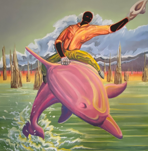 Original surrealist western art by Josiah Bolth. A cowboy rides a pink dolphin in green water with a dark psychedelic background. New Orleans artwork, smaill oil painting on canvas.