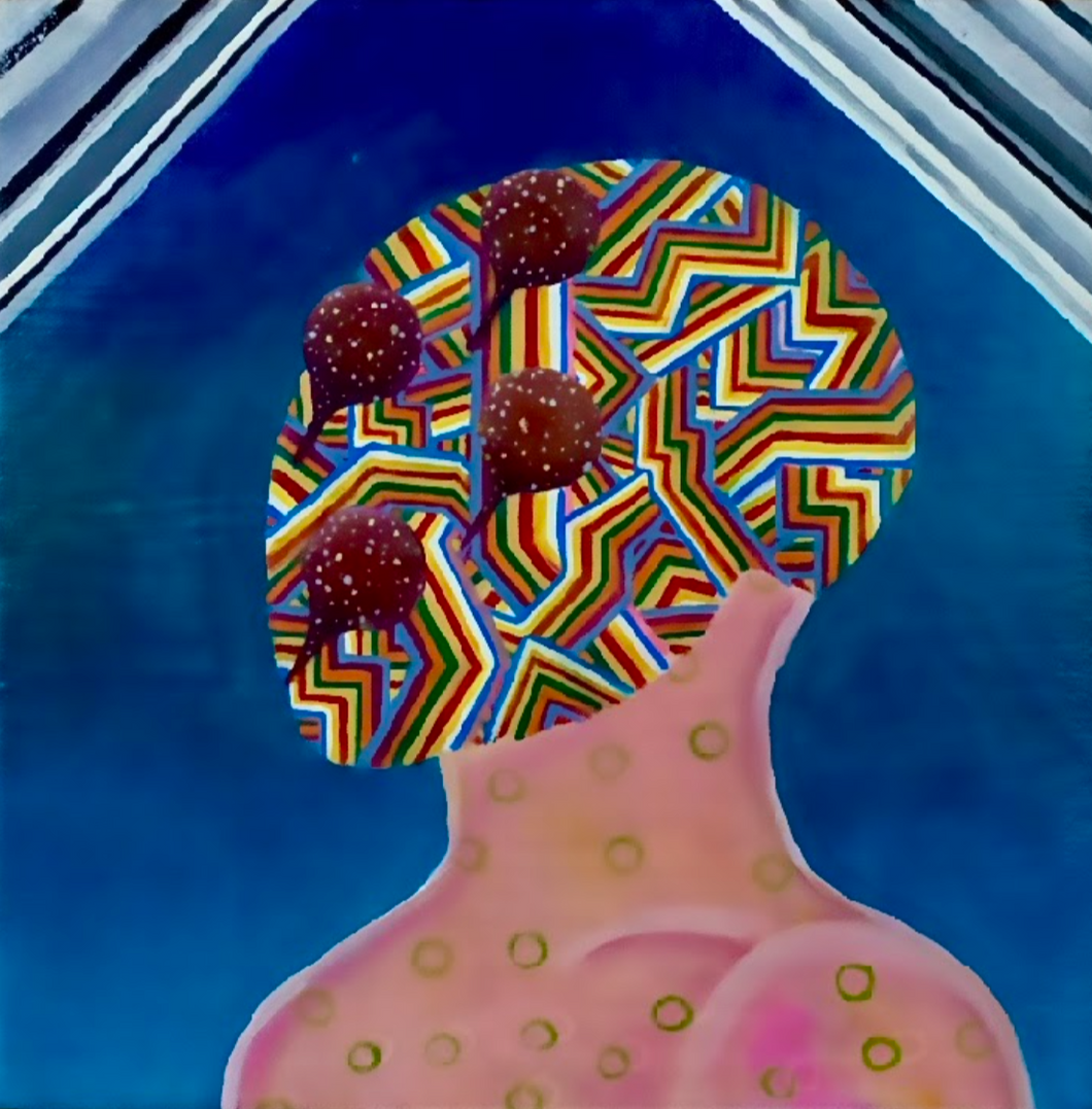 A figure with yellow, red, green, orange and blue zigzags and four blood-red abstractions covering its face on a blue background