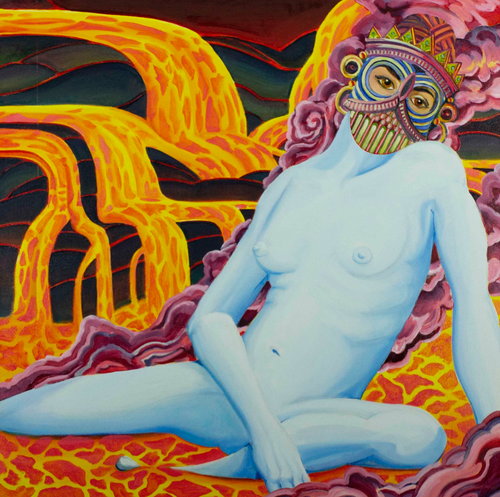 nude blue woman wearing an ornate mask sits of an orange and red lava background. The figure's hair is purple, full body length, and billows like smoke.