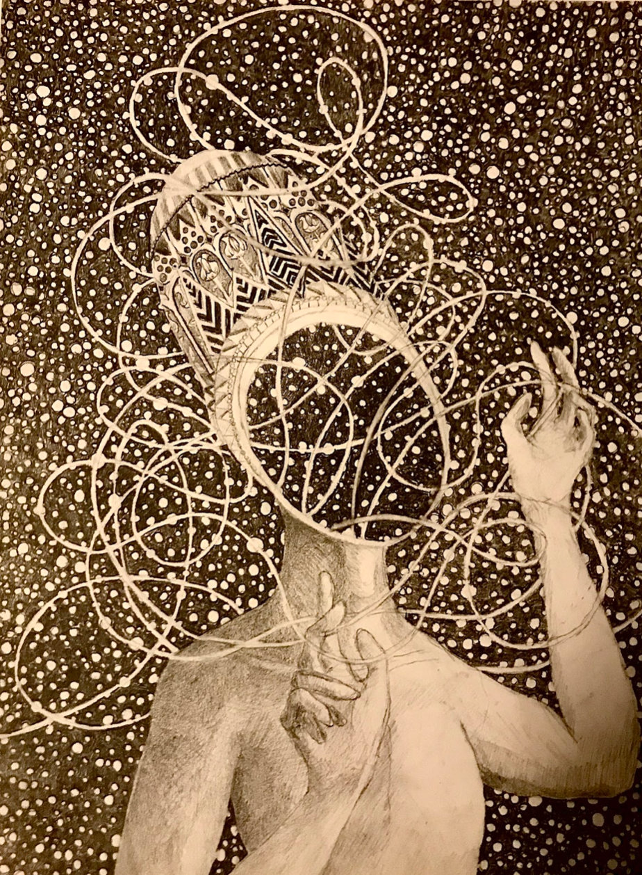 A faceless woman in space entwined in string