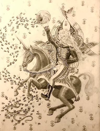 A fantastically dressed king rides a unicorn among bees 