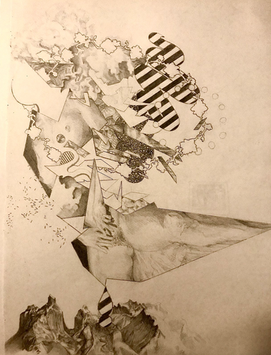 fragmented drawings floating above a mountainous landscape