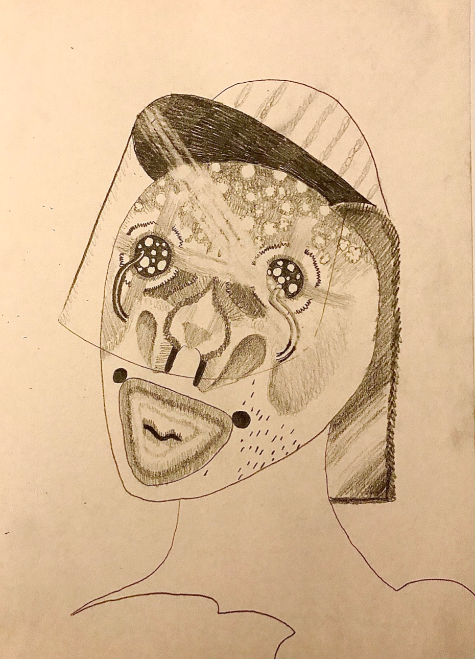 Graphite drawing of a man wearing a face shield 