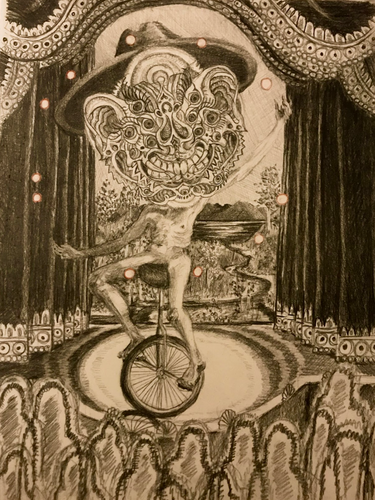 Strange humanoid figure juggles while riding a unicycle on stage 