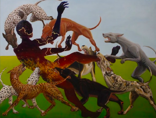 A blood-brown figure is attacked by seven vicious dogs before a half sky-blue, half grass-green backdrop 