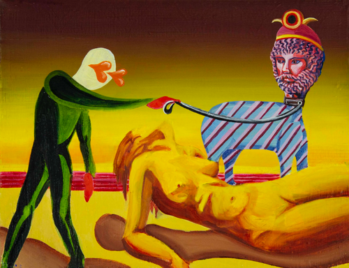A golden nude woman basks in golden light as a green figure walks a blue-bodied animal with the pink, bearded head of a man around her